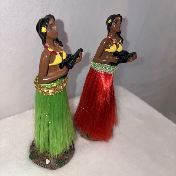 2 Hawaiian Hula Girl Ukulele Nodder Dashboard Figure Dancer Vintage - Picture 3 of 6